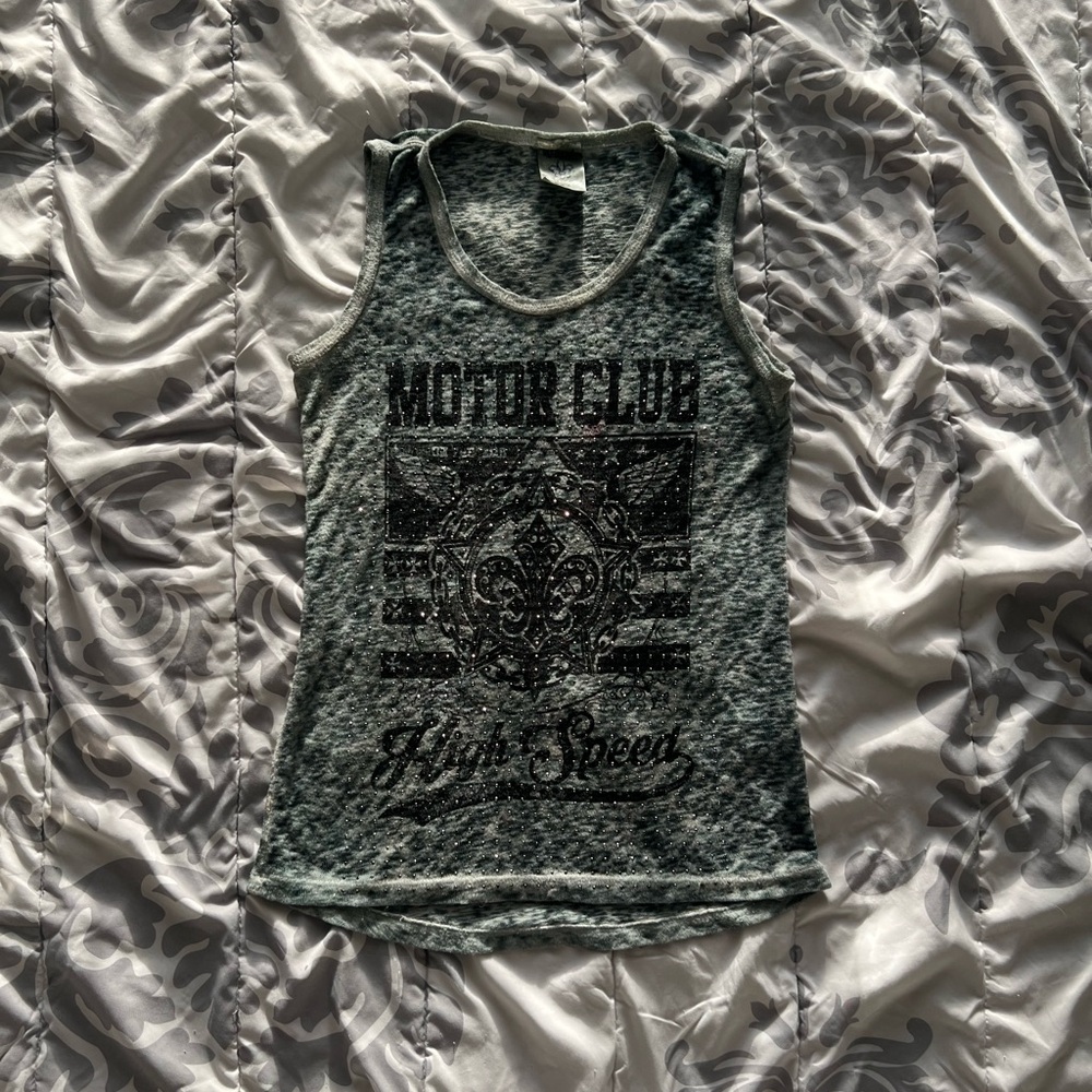 Edgy glam “Motor Club High Speed” graphic w/ fleur-de-lis + winged crest